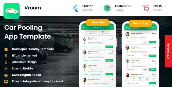 4 App Template - Carpooling App - Bike Pooling App - Ride Sharing App -  Car sharing App - Vroom