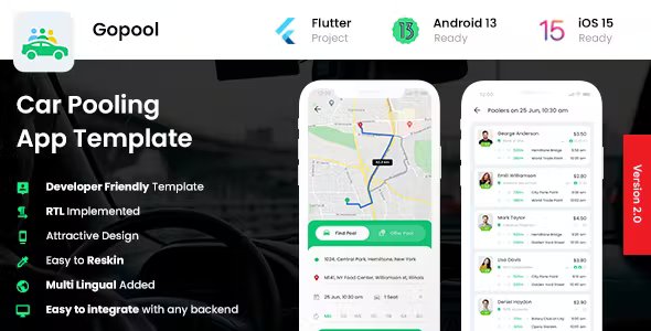 2 App Template - Carpooling App - Bike Pooling App - Ride Sharing App - Car sharing App - Gopool