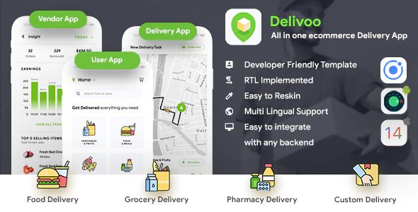 eCommerce Delivery Android + iOS App Template - 3 Apps User + Vendor + Delivery - IONIC 5 - Delivoo