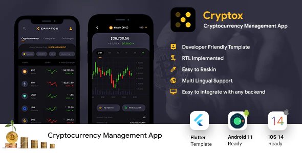 Crypto Prices, Charts - Wallet & NFT Tracker Android + iOS App UI Template - FLUTTER 2 - Cryptox