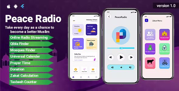 PeaceRadio - Muslim Online Radio and Qibla Finder with Prayer Time Full App UI Template