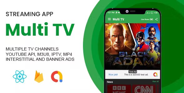Multi TV Live Streaming App with IPTV, m3u8 & Youtube Player (admob & facebook ads)