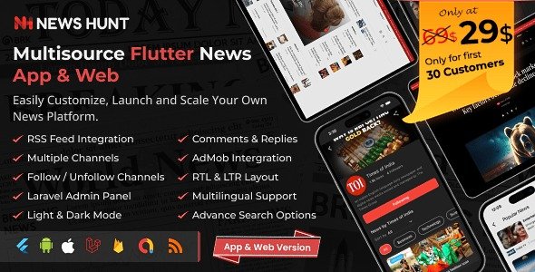 News Hunt - Flutter News app for Android and iOS with Laravel Admin Panel