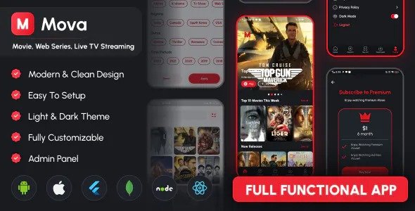 Mova - Movie, Web series, Live TV Streaming Flutter App script with Admin Panel