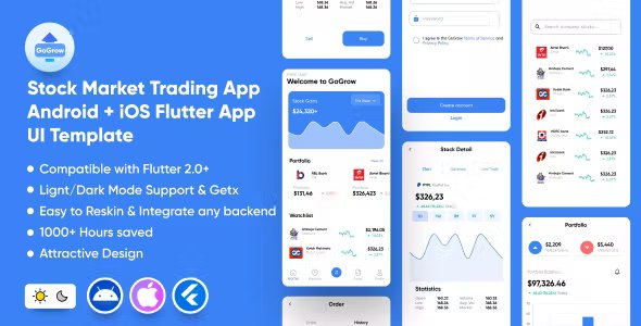 GoGrow: Stock Market Trading App - Charts - Wallet Android + iOS Flutter App UI Template