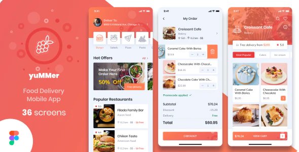Yummer - Food Delivery Mobile App Figma UI Template
