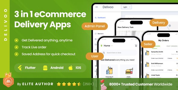 3 Apps | Multi-Purpose Delivery Full Application | eCommerce, Food, Grocery & Courier App | Delivoo