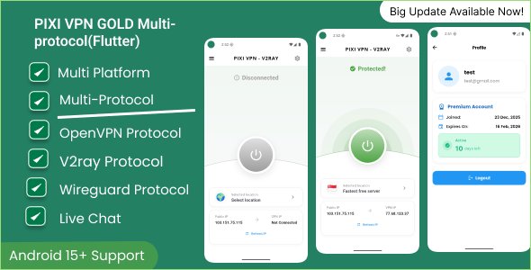 Pixi VPN Multi protocol VPN OpenVPN, V2ray, Wireguard with Ready to Business panel